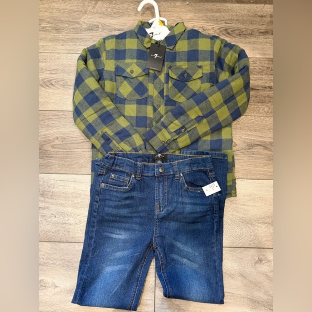 🆕 7 for all Mankind Green and Blue Plaid Quilted Jacket with Blue Jeans (7)